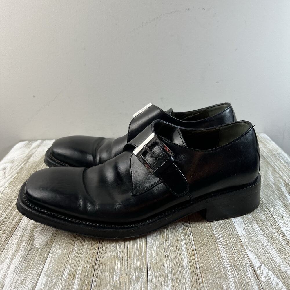 Bruno Magli Mens Sz 9 Black monk strap leather dress shoes Buckle Made In Italy